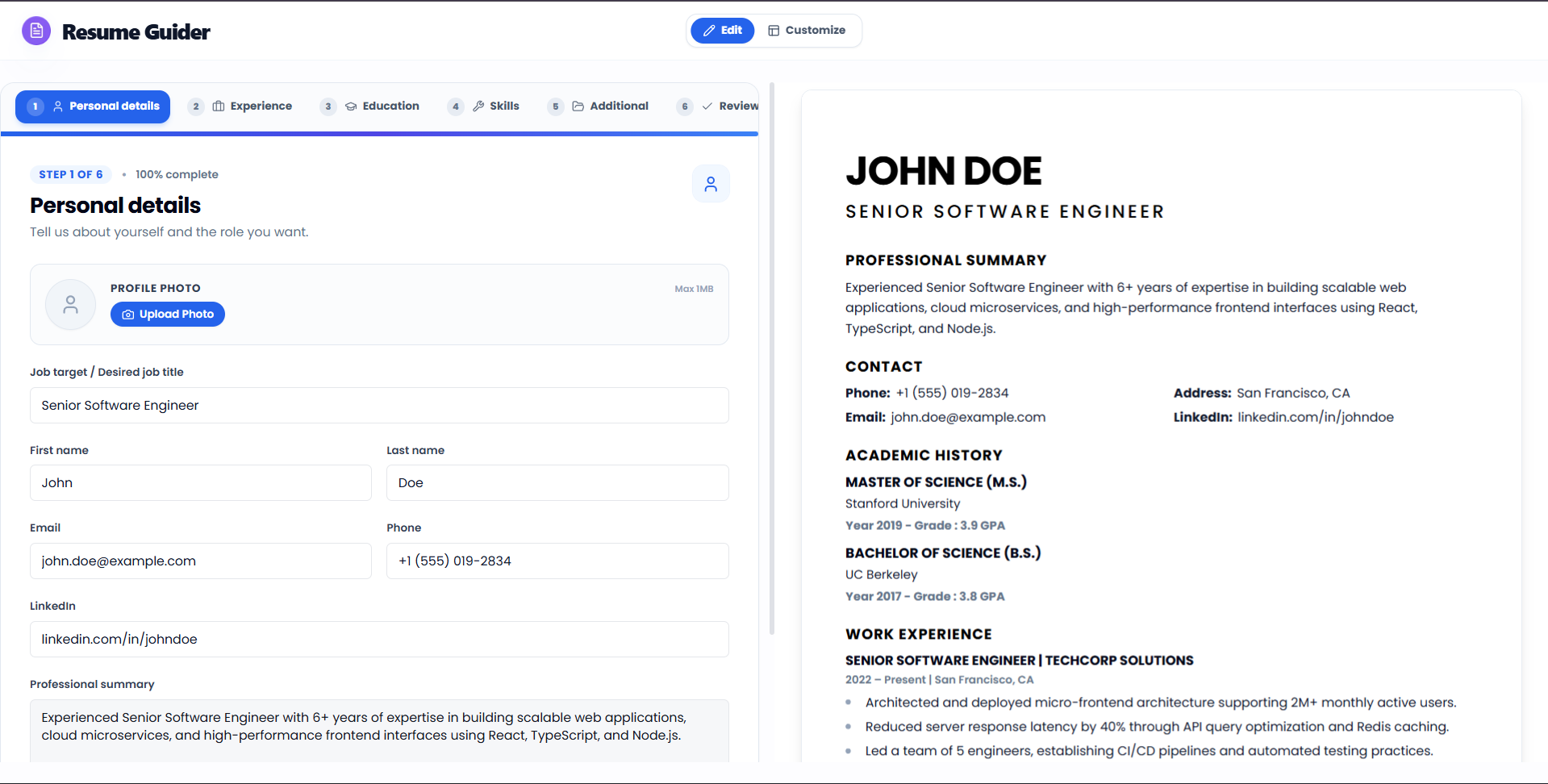Resume Guider Live Builder & Preview